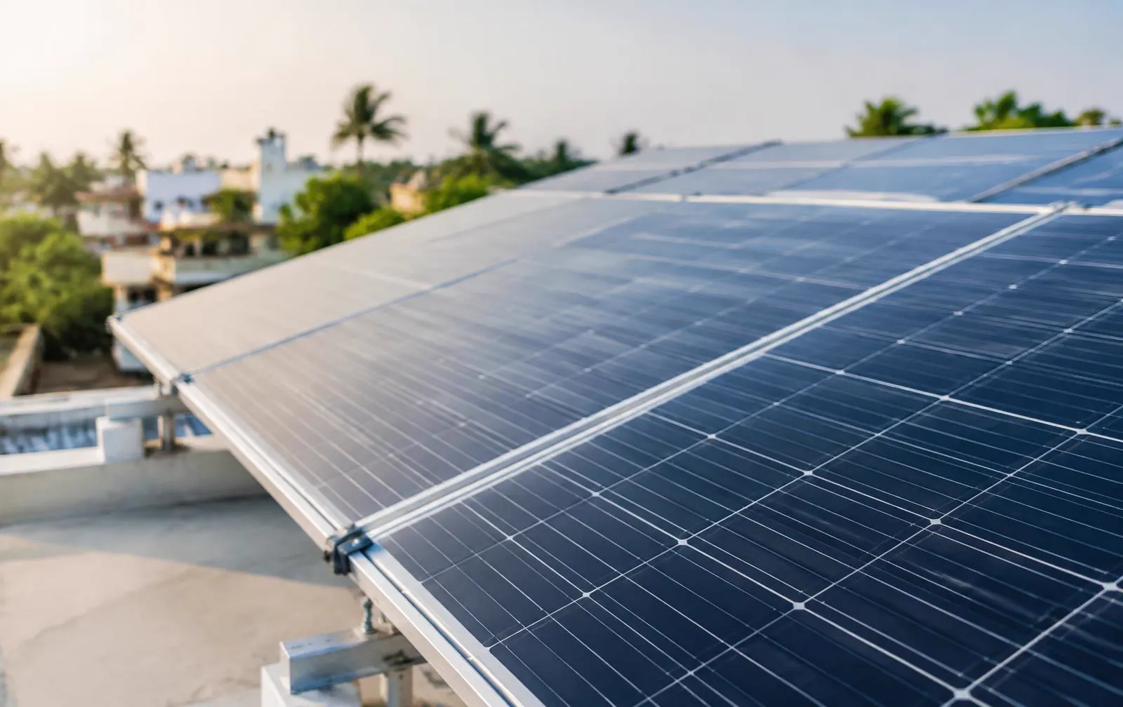 Close-up of rooftop solar panels on an Indian home