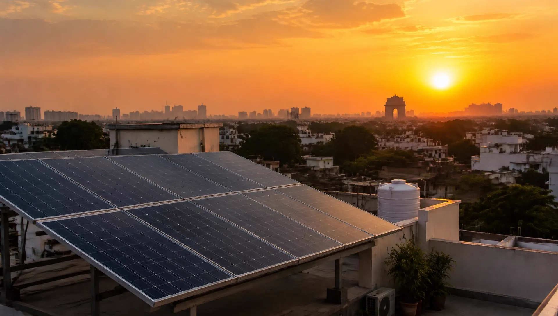 Rooftop solar panels at sunset over Delhi NCR